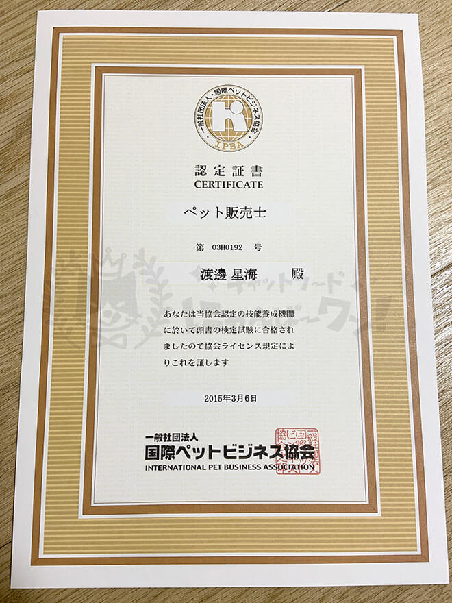 渡邊星海の国際ペットビジネス協会ペット販売士の資格認定証