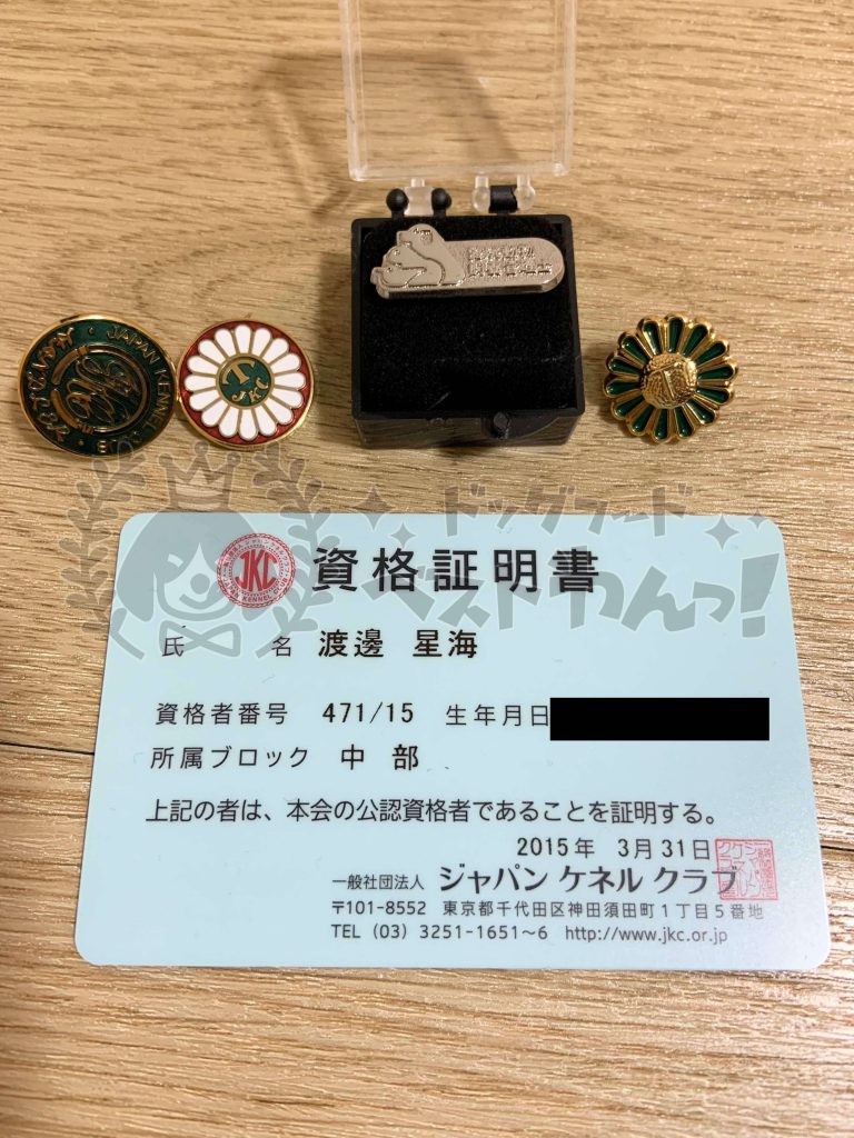 JKC資格証明証とバッチの数々