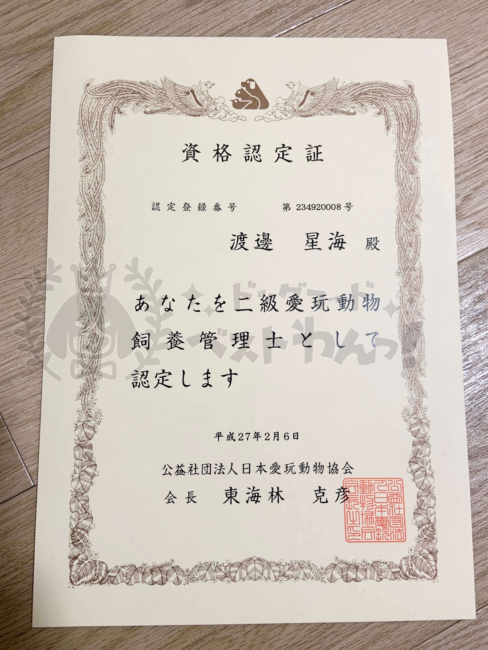 渡邊星海の日本愛玩動物協会二級愛玩動物飼養管理士資格認定証
