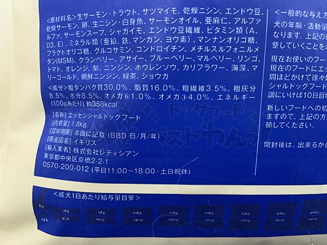 エッセンシャルドッグフードの成分表