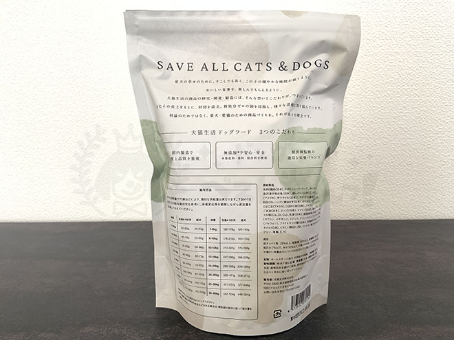 犬猫生活ドッグフードの背面